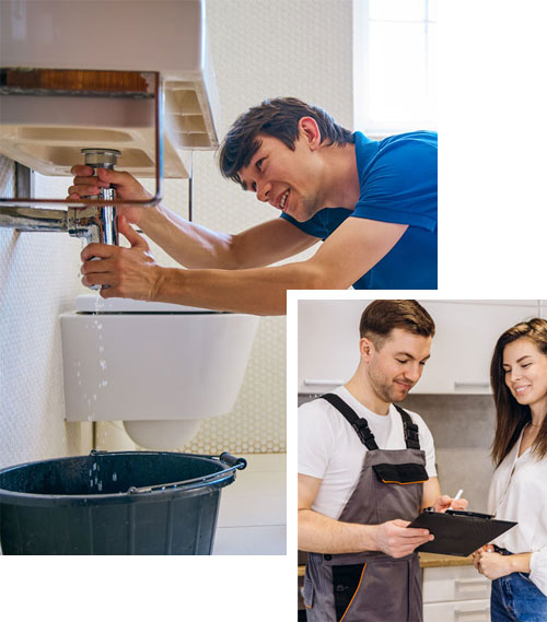 Plumber fixing a bathroom sink, while another speaks with a client.