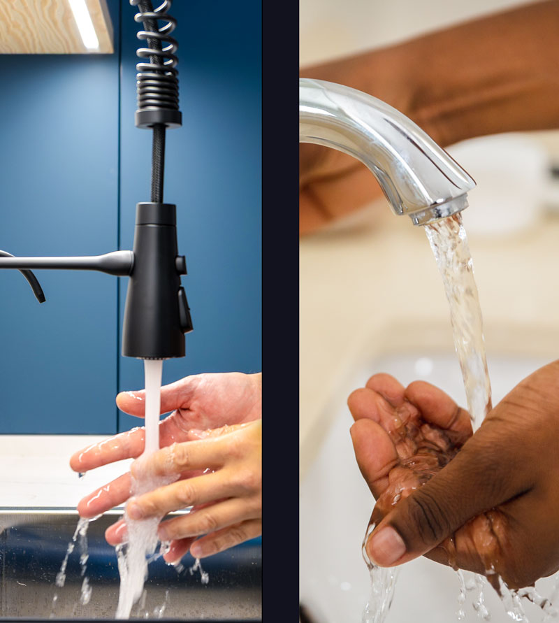 Two images of people washing their hands under a faucet.