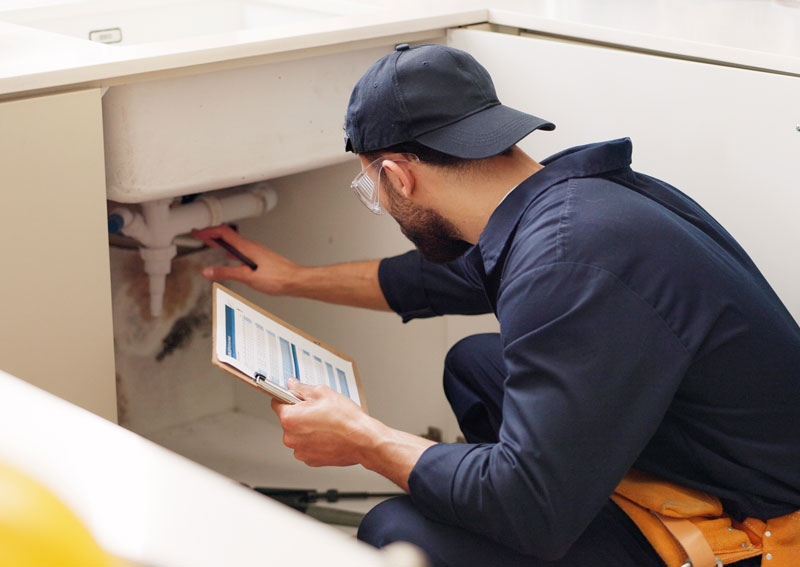Plumber performing preventative maintenance checklist.